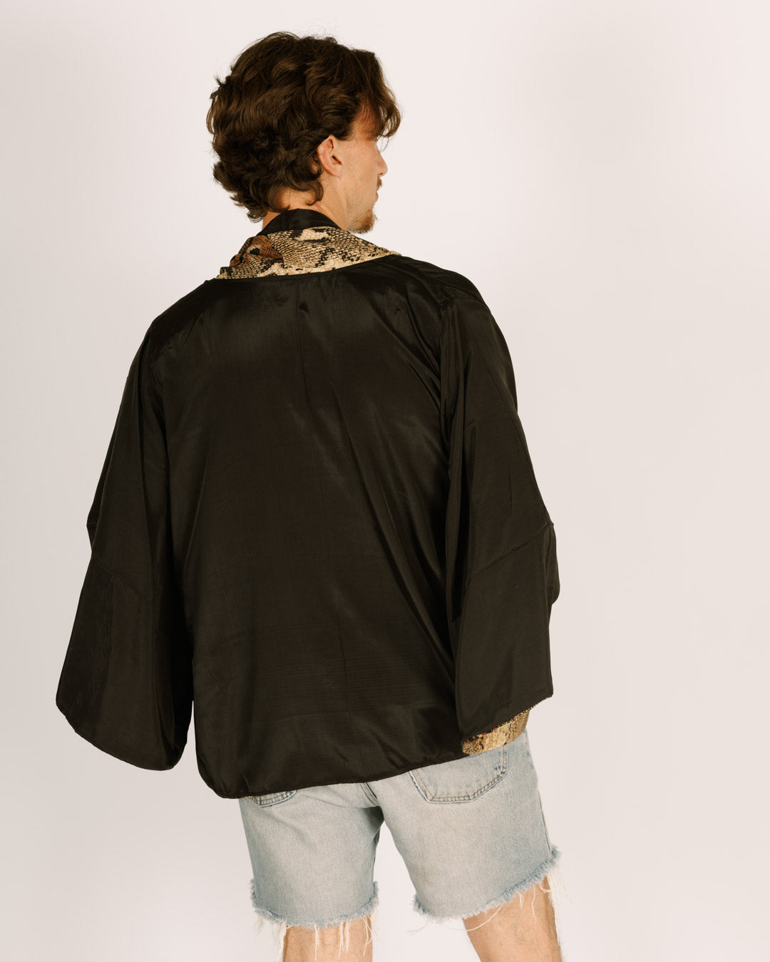 Men's Mid-Length Silk Kimono, Long Sleeves, Reversible Snakeskin and Black