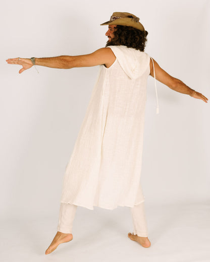 White Maxi Kimono with Hat, Sleeveless for Men