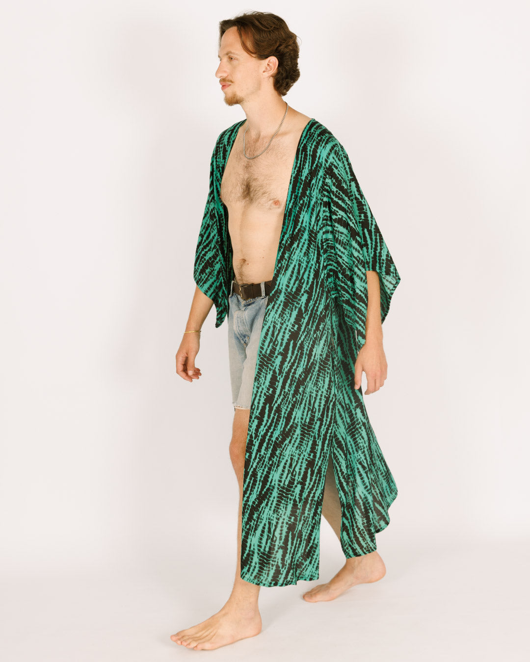 Man Turquoise Tie-Dye Kimono with Black Print