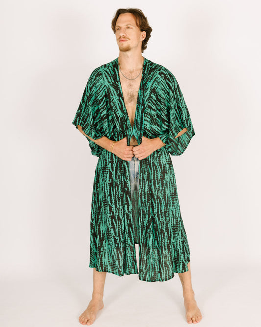 Man Turquoise Tie-Dye Kimono with Black Print