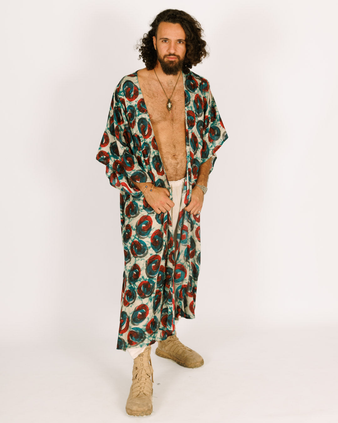 Printed Blue and Red Rayon Maxi Kimono For Men