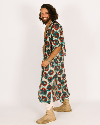 Printed Blue and Red Rayon Maxi Kimono For Men