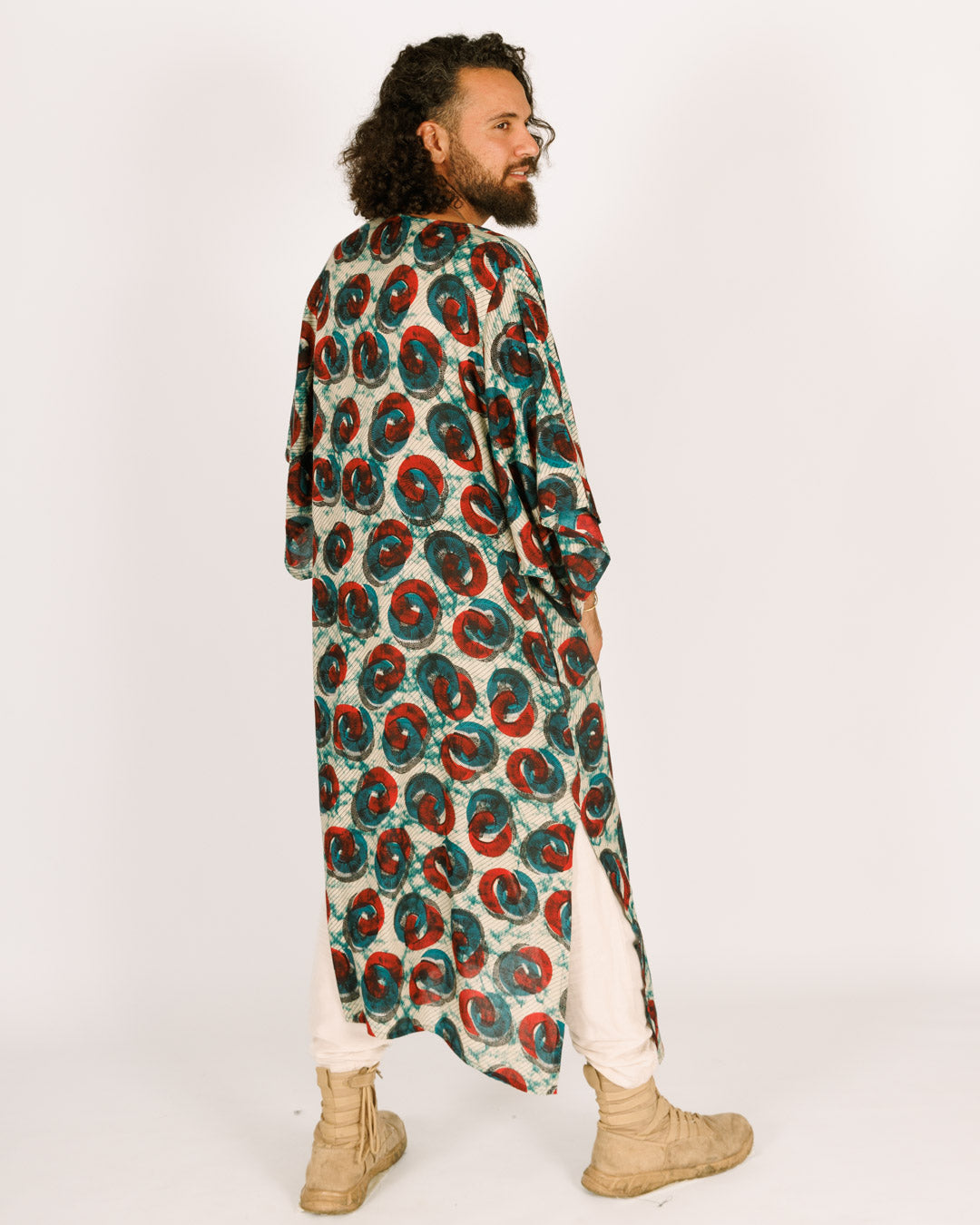 Printed Blue and Red Rayon Maxi Kimono For Men