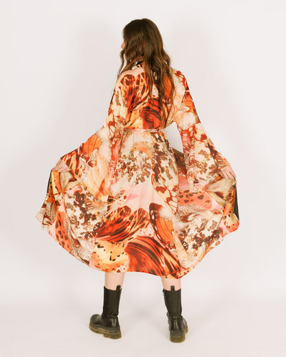 Women Maxi Silk Kimono, Orange Butterflies, Long Sleeves