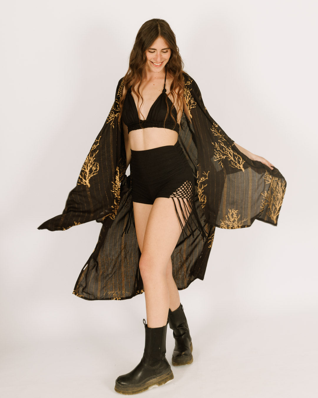 Black Kimono with Gold Coral Print