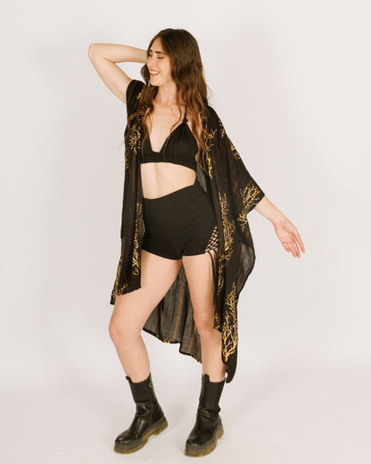 Black Kimono with Gold Coral Print