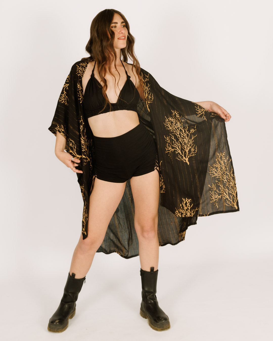 Black Kimono with Gold Coral Print