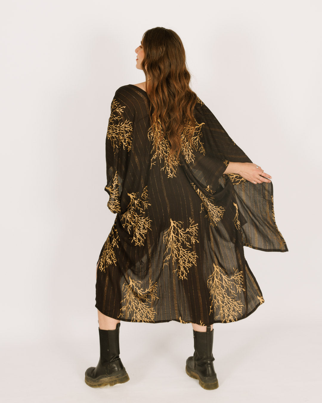 Black Kimono with Gold Coral Print