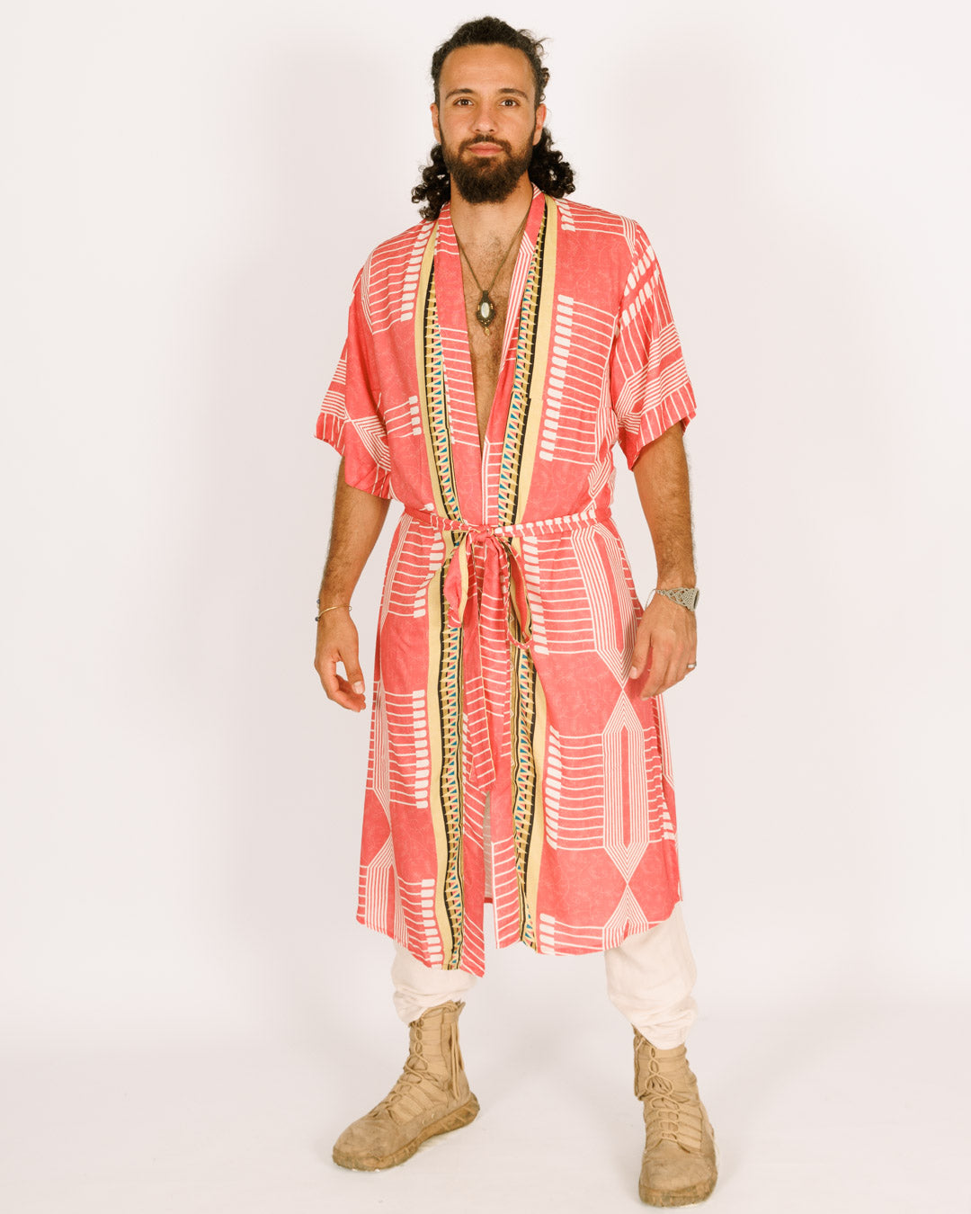 Maxi Kimono in Printed Pink Rayon For Men