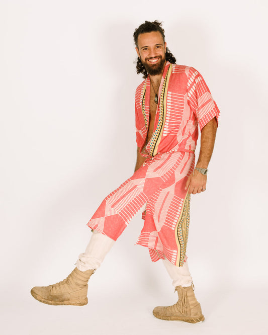 Maxi Kimono in Printed Pink Rayon For Men