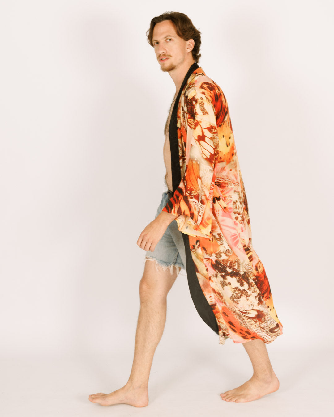 Maxi Silk Kimono, Orange Butterflies, Long Sleeves for Men