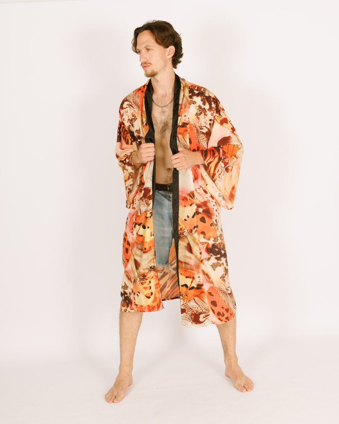 Maxi Silk Kimono, Orange Butterflies, Long Sleeves for Men