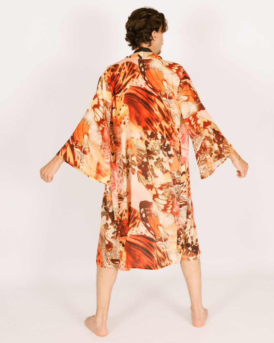 Maxi Silk Kimono, Orange Butterflies, Long Sleeves for Men