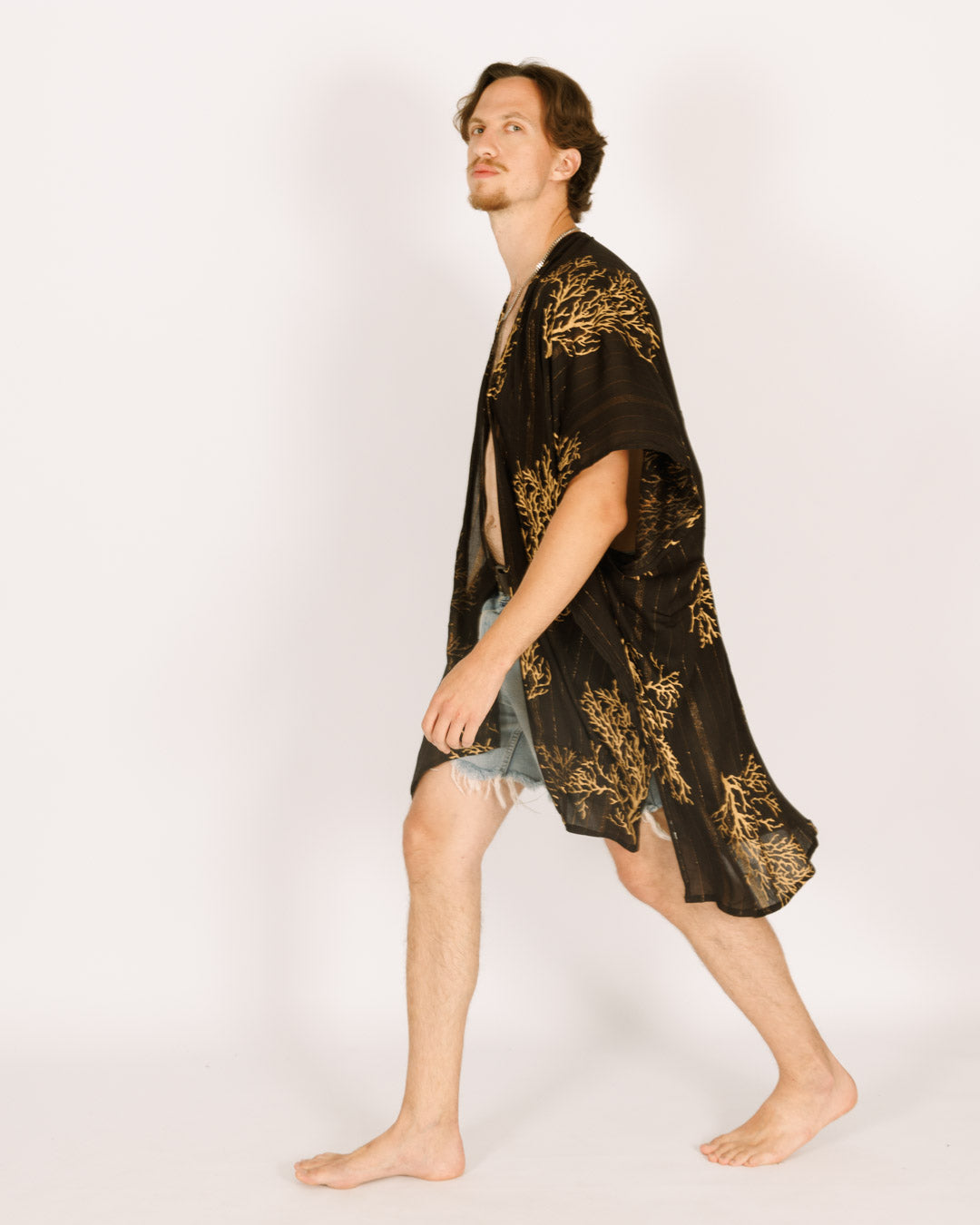 Black Kimono with Gold Coral Print for Men