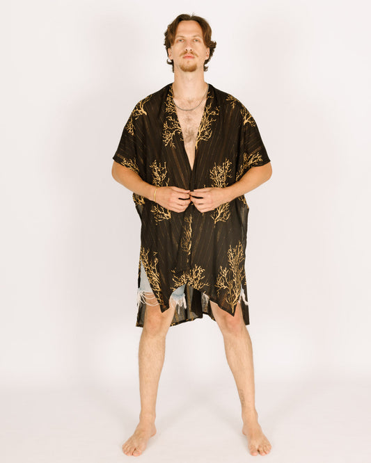 Black Kimono with Gold Coral Print for Men