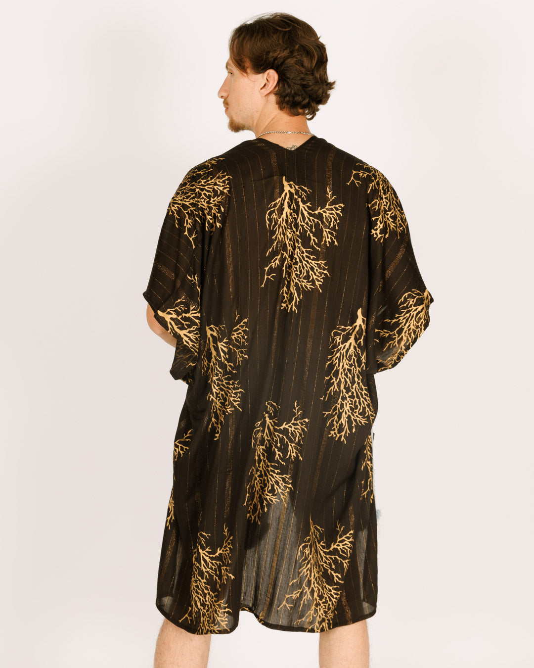 Black Kimono with Gold Coral Print for Men