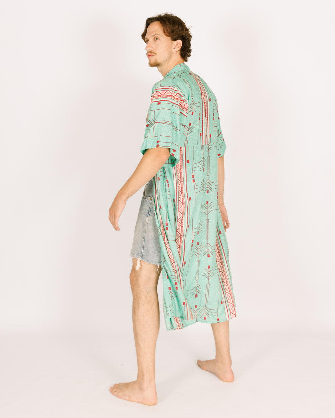 Printed Green Rayon Maxi Kimono For Men