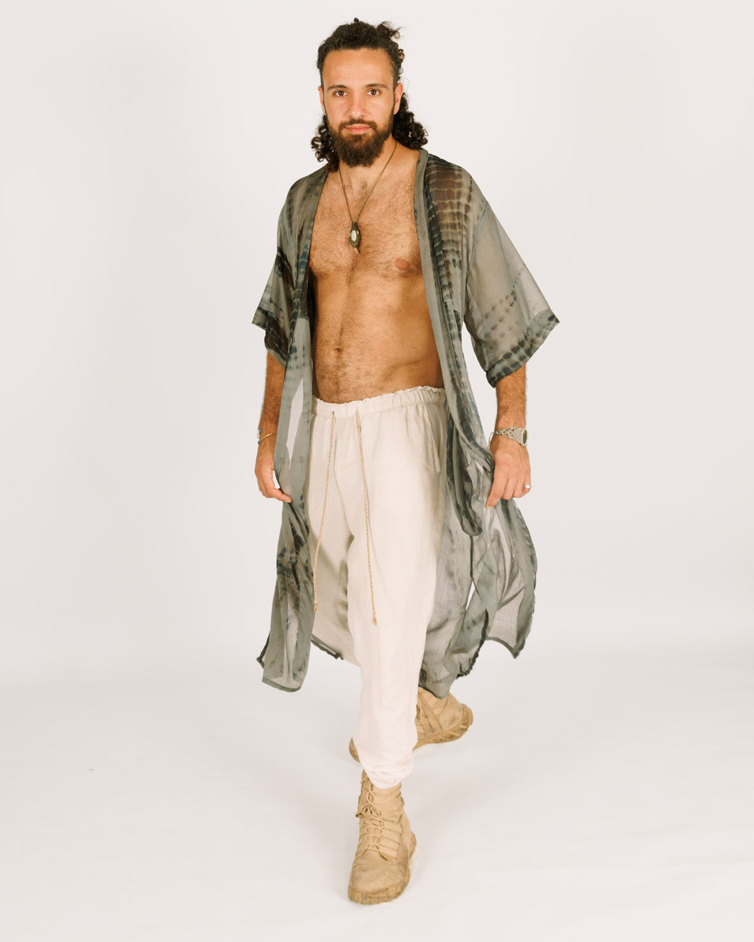 Grey Chiffon Maxi Kimono for Men