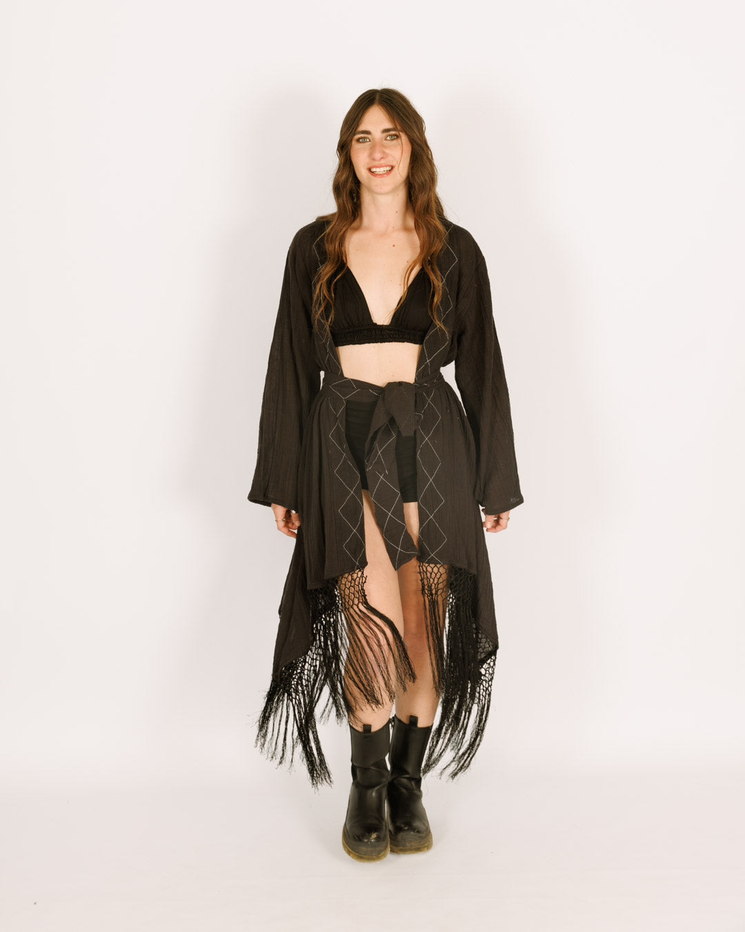 Women Black Maxi Kimono with Spider Web Pattern, Long Sleeves