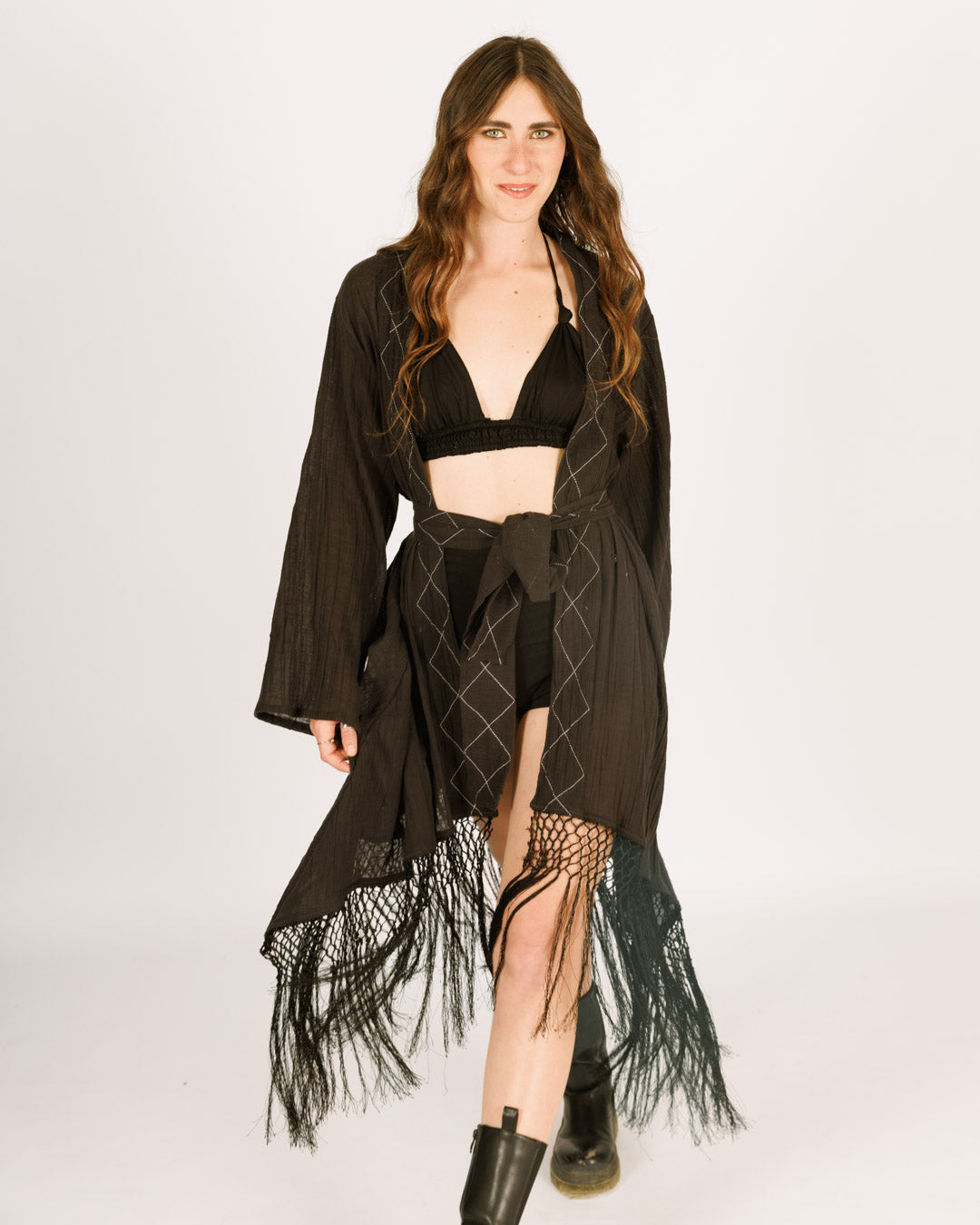 Women Black Maxi Kimono with Spider Web Pattern, Long Sleeves