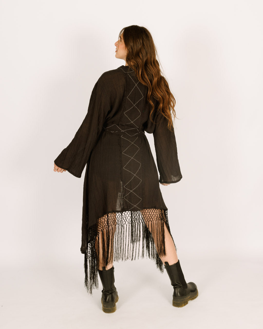 Women Black Maxi Kimono with Spider Web Pattern, Long Sleeves