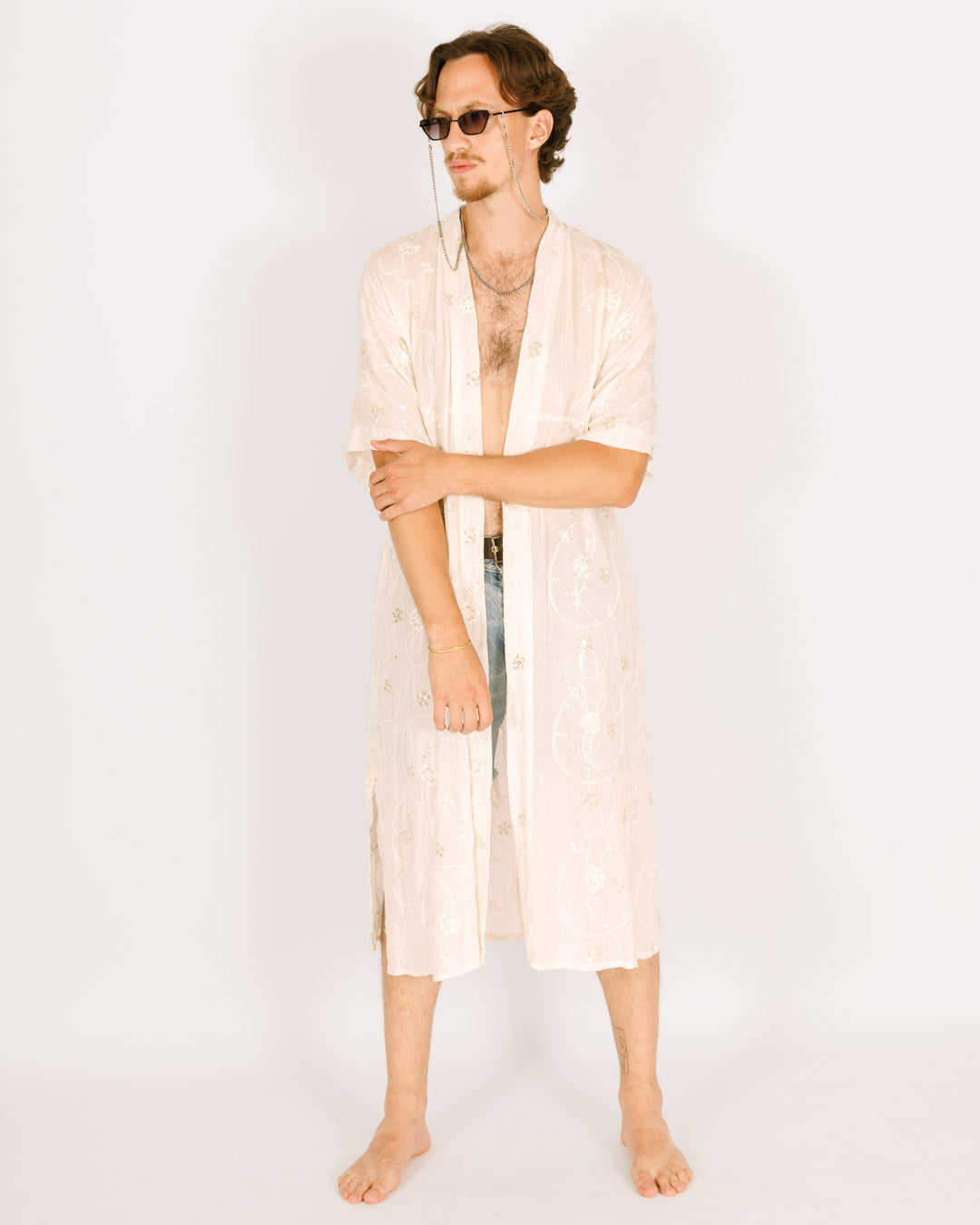 White Maxi Kimono with Floral Embroidery and Sequins, Short Sleeves for Men