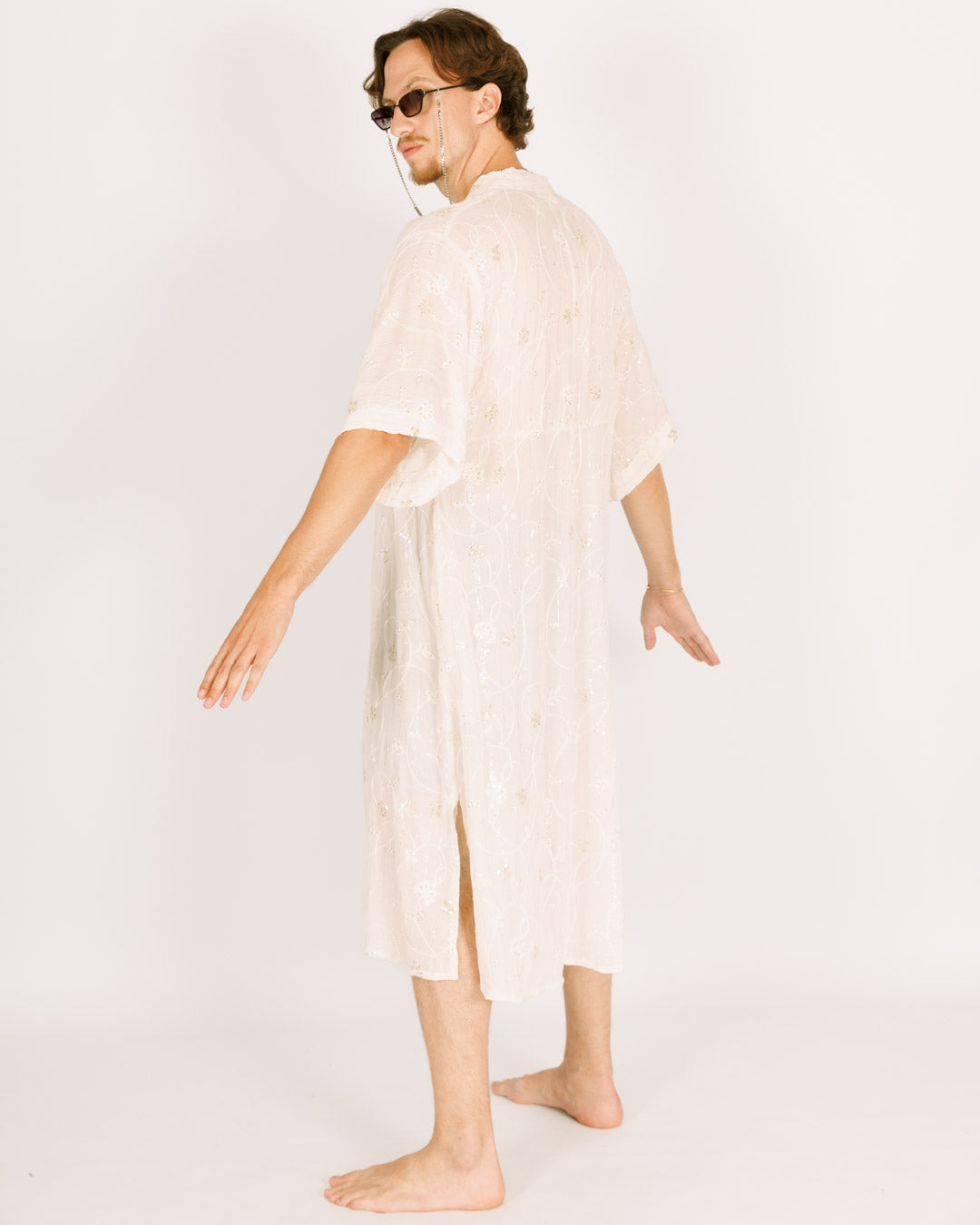 White Maxi Kimono with Floral Embroidery and Sequins, Short Sleeves for Men