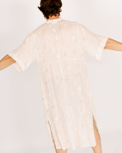 White Maxi Kimono with Floral Embroidery and Sequins, Short Sleeves for Men