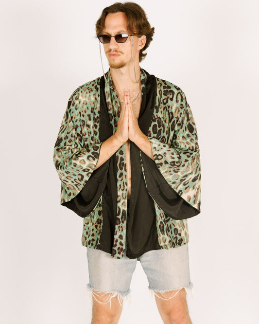 Mid-Length Silk Kimono with Long Sleeves, Reversible Blue and Black Leopard Print for Men