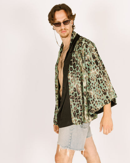 Mid-Length Silk Kimono with Long Sleeves, Reversible Blue and Black Leopard Print for Men