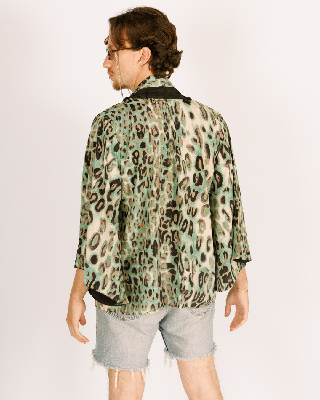 Mid-Length Silk Kimono with Long Sleeves, Reversible Blue and Black Leopard Print for Men