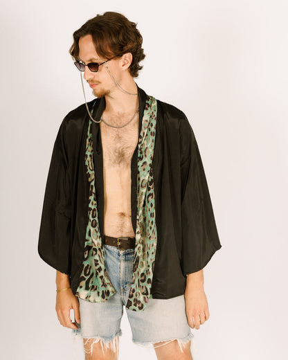 Mid-Length Silk Kimono with Long Sleeves, Reversible Blue and Black Leopard Print for Men