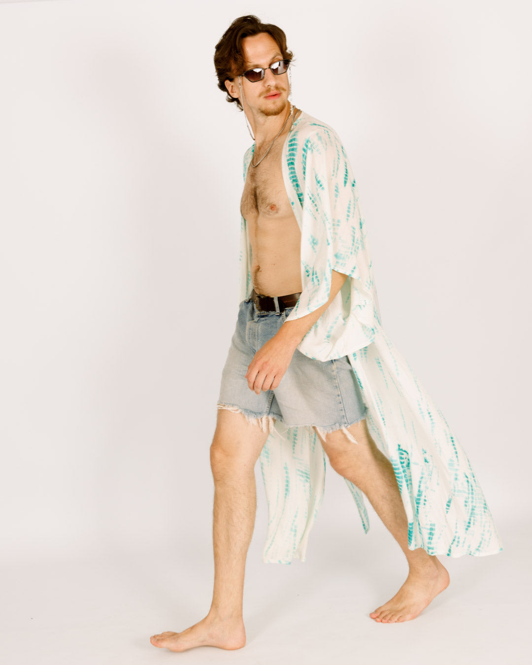 White Maxi Kimono with Blue Tie-Dye for Men