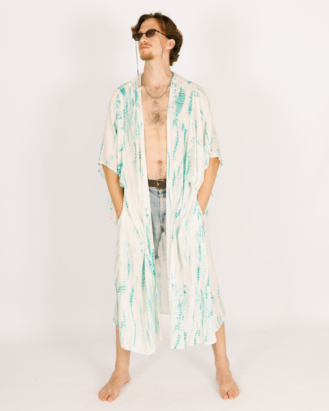 White Maxi Kimono with Blue Tie-Dye for Men