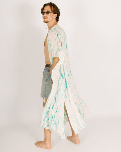 White Maxi Kimono with Blue Tie-Dye for Men