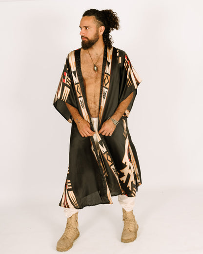 Men's Maxi Silk Kimono with Egyptian Tribal Print