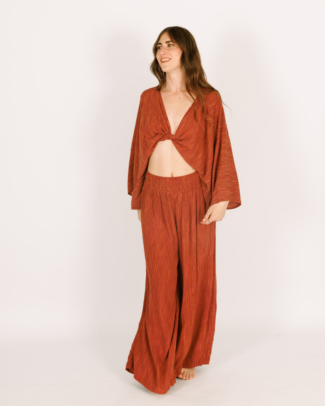 Red Crinkled Crepe Long Pants and Top Set