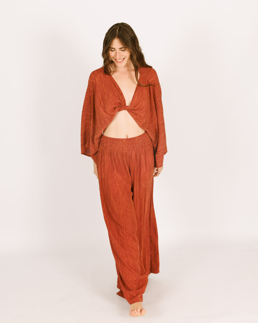 Red Crinkled Crepe Long Pants and Top Set