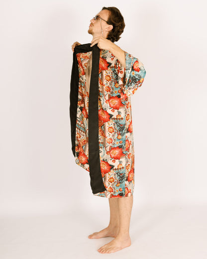 Maxi Silk Kimono, Light Blue with Red Flowers, Long Sleeves for Men