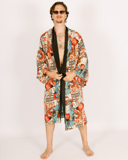 Maxi Silk Kimono, Light Blue with Red Flowers, Long Sleeves for Men