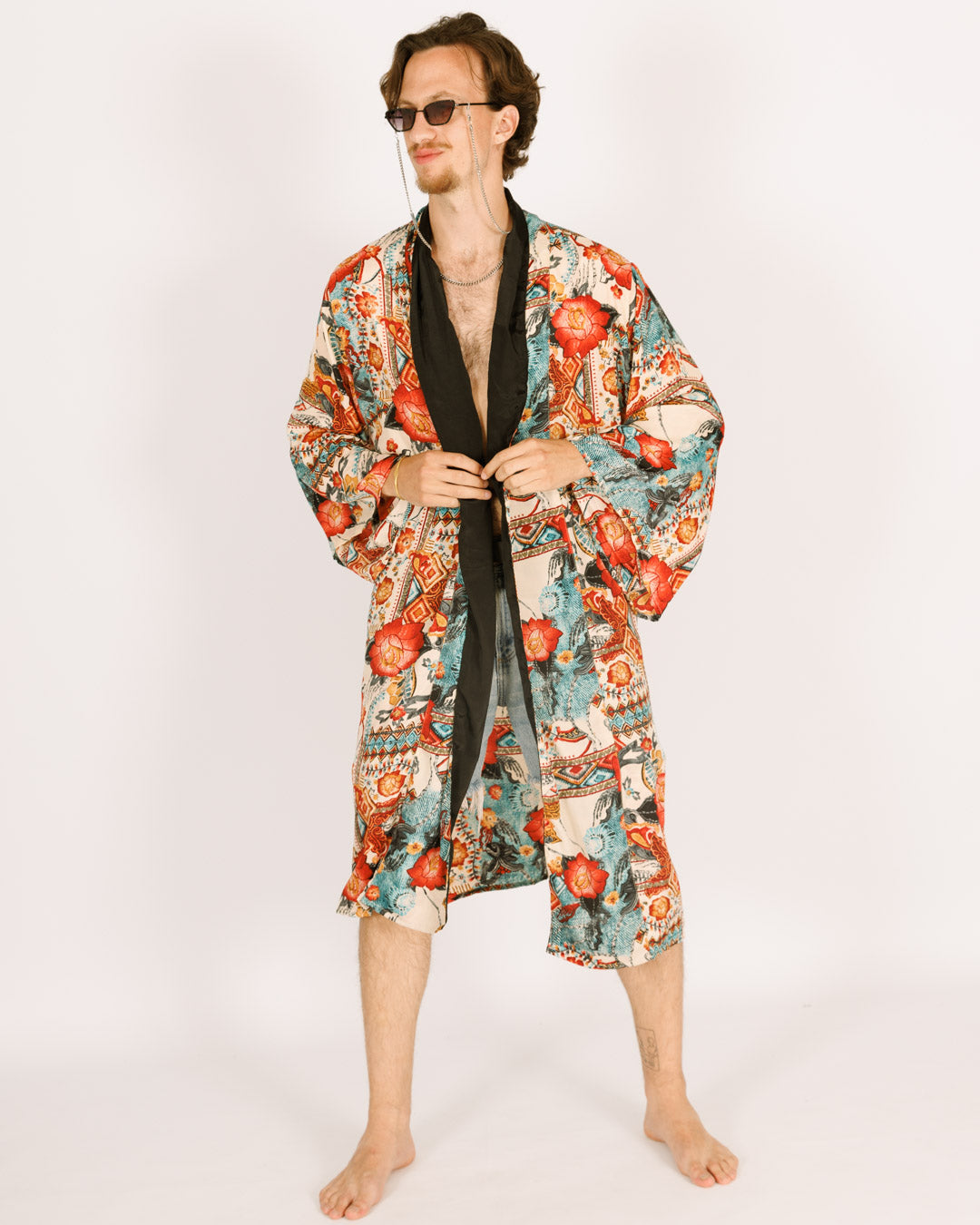 Maxi Silk Kimono, Light Blue with Red Flowers, Long Sleeves for Men