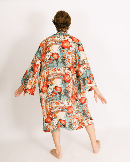 Maxi Silk Kimono, Light Blue with Red Flowers, Long Sleeves for Men