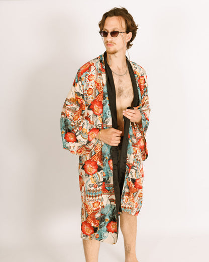 Maxi Silk Kimono, Light Blue with Red Flowers, Long Sleeves for Men