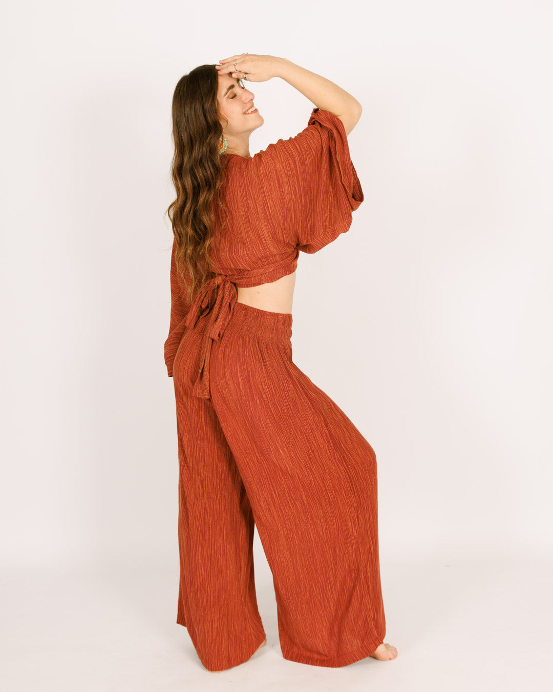 Red Crinkled Crepe Long Pants and Top Set