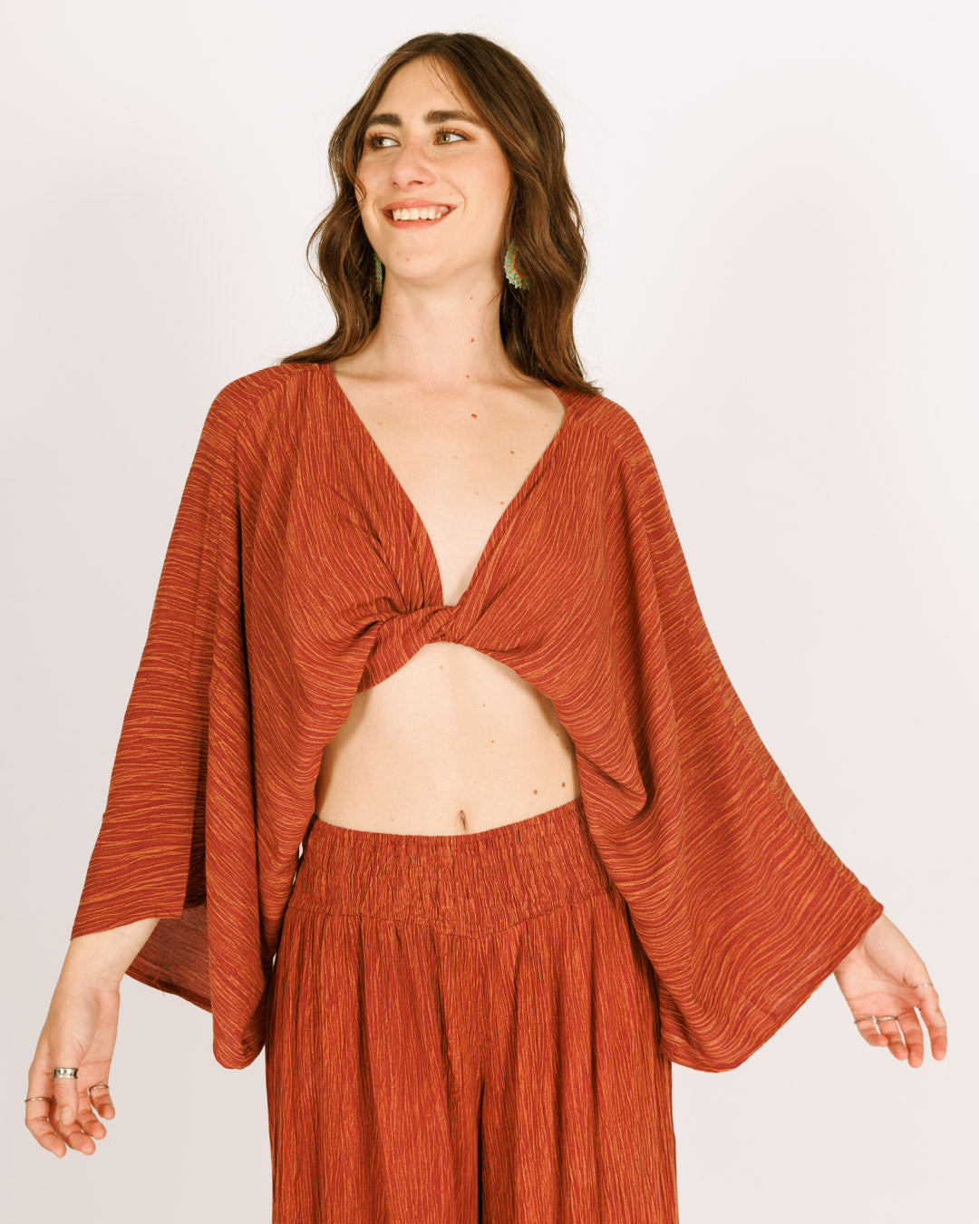 Red Crinkled Crepe Long Pants and Top Set