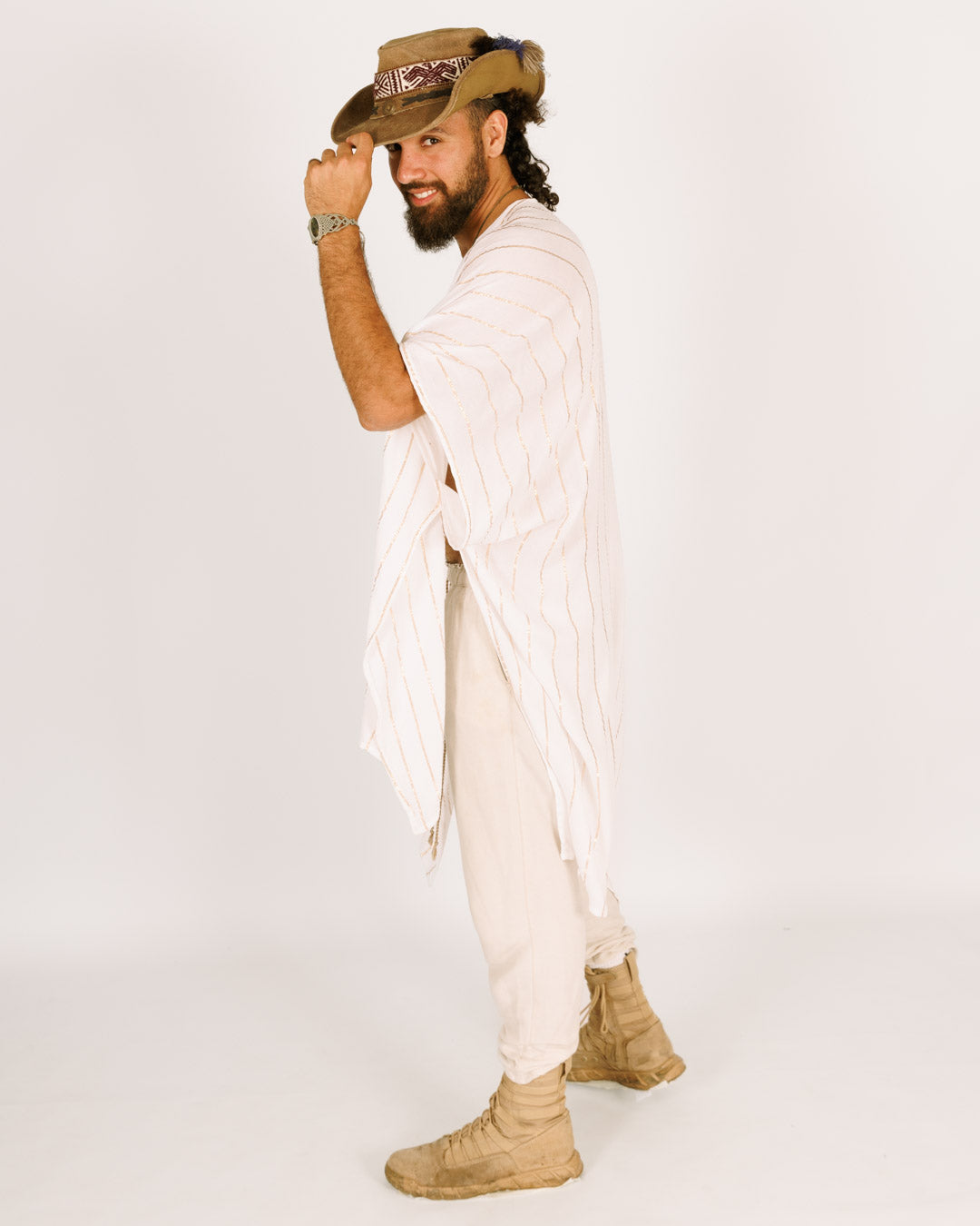 White Lurex Kimono with Gold Stripes for Men