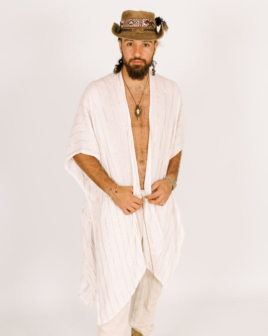 White Lurex Kimono with Gold Stripes for Men