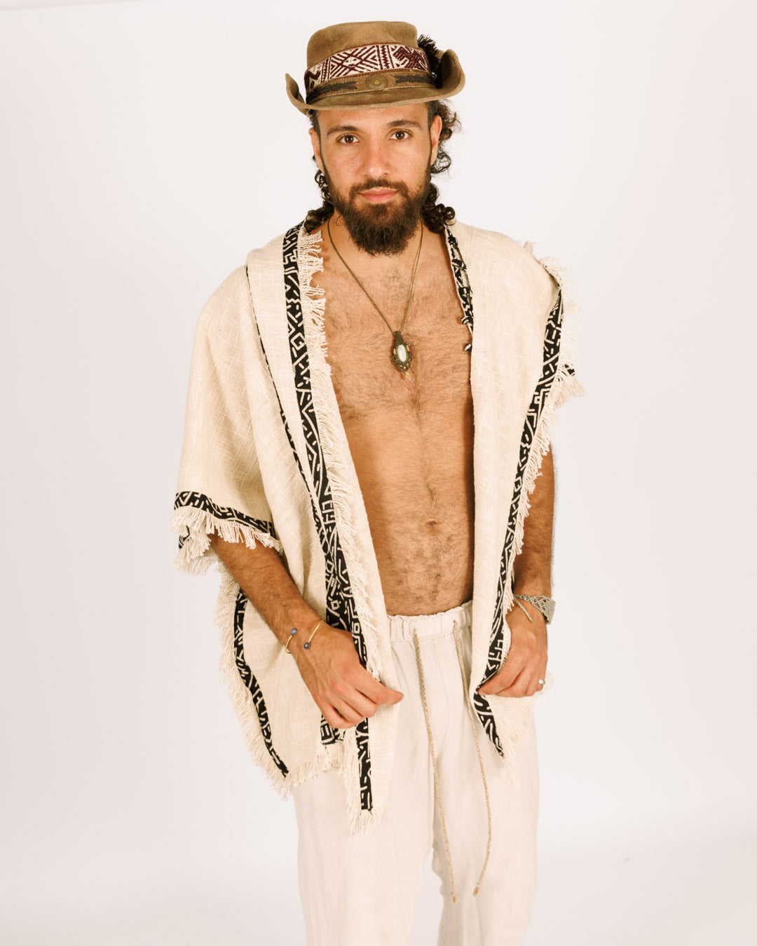 Festival White Poncho with Hat for Men