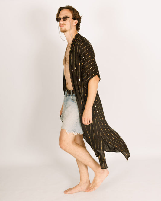 Black Maxi Kimono with Sequined Stribes  for Men