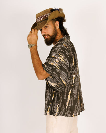 Short Black Silk Kimono with Gray and Gold Tie-Dye, Short Sleeves for Men